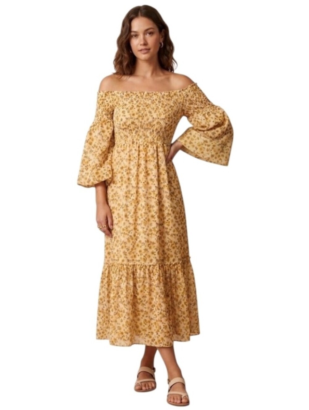 Justify Floral Off-Shoulder Smocked Bodice Tiered Yellow Maxi Dress